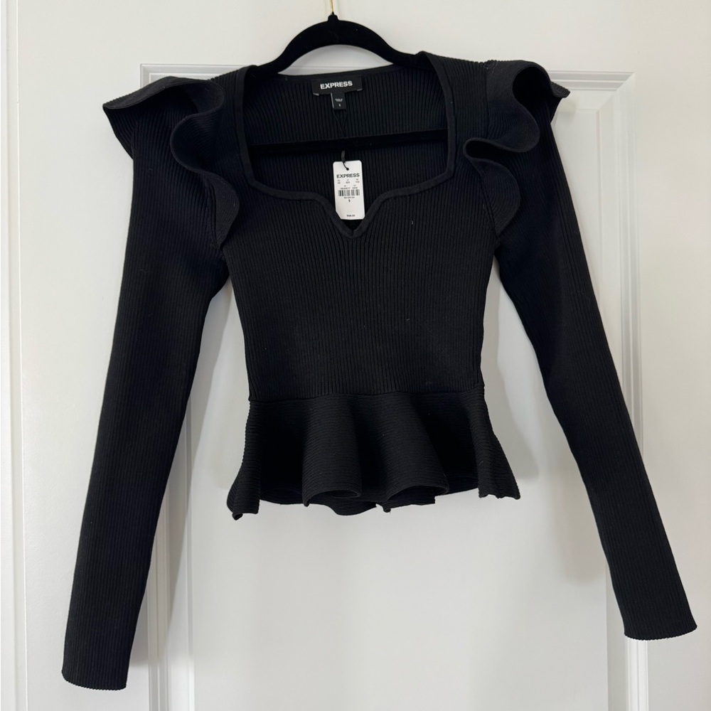 Express Black Ruffle-Sleeve Peplum Ribbed Top size small NWT